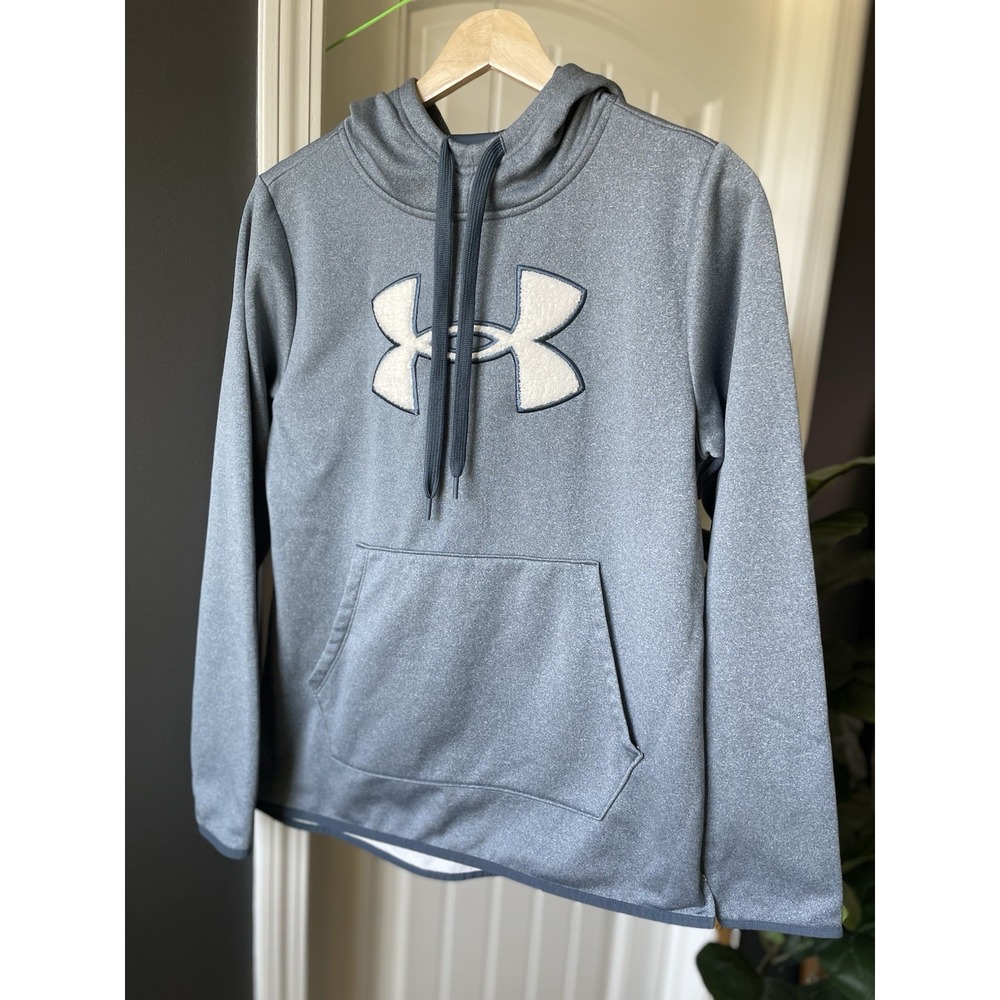 Under Armour Fleece Pullover Women's S Big Logo Shine Hoodie Mechanic Blue